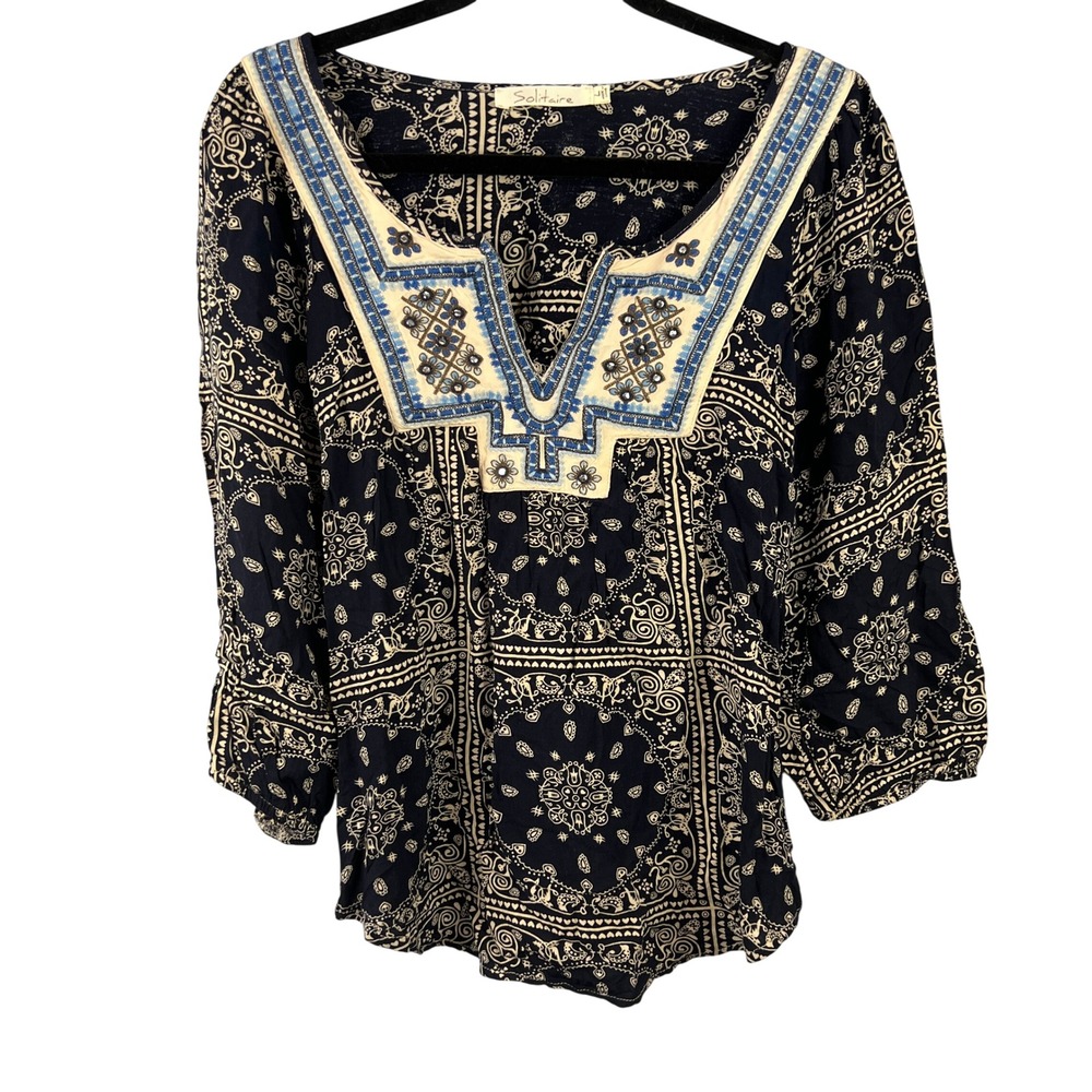 Solitaire Boho Embroidered Rhinestones Peasant Top Size L Festival Summer Cruise